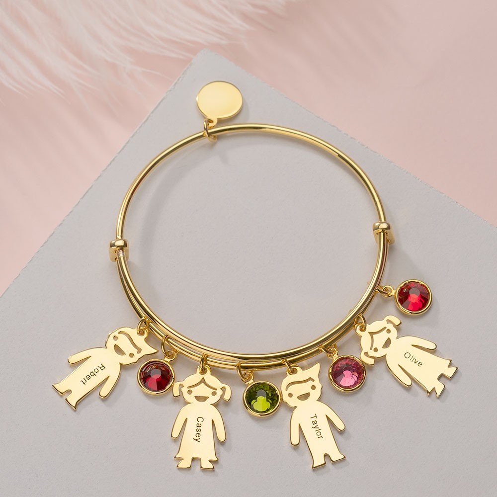 Custom Charms Bangle Kids Birthstones Engraved Name Bracelets with 1-12 Pendants