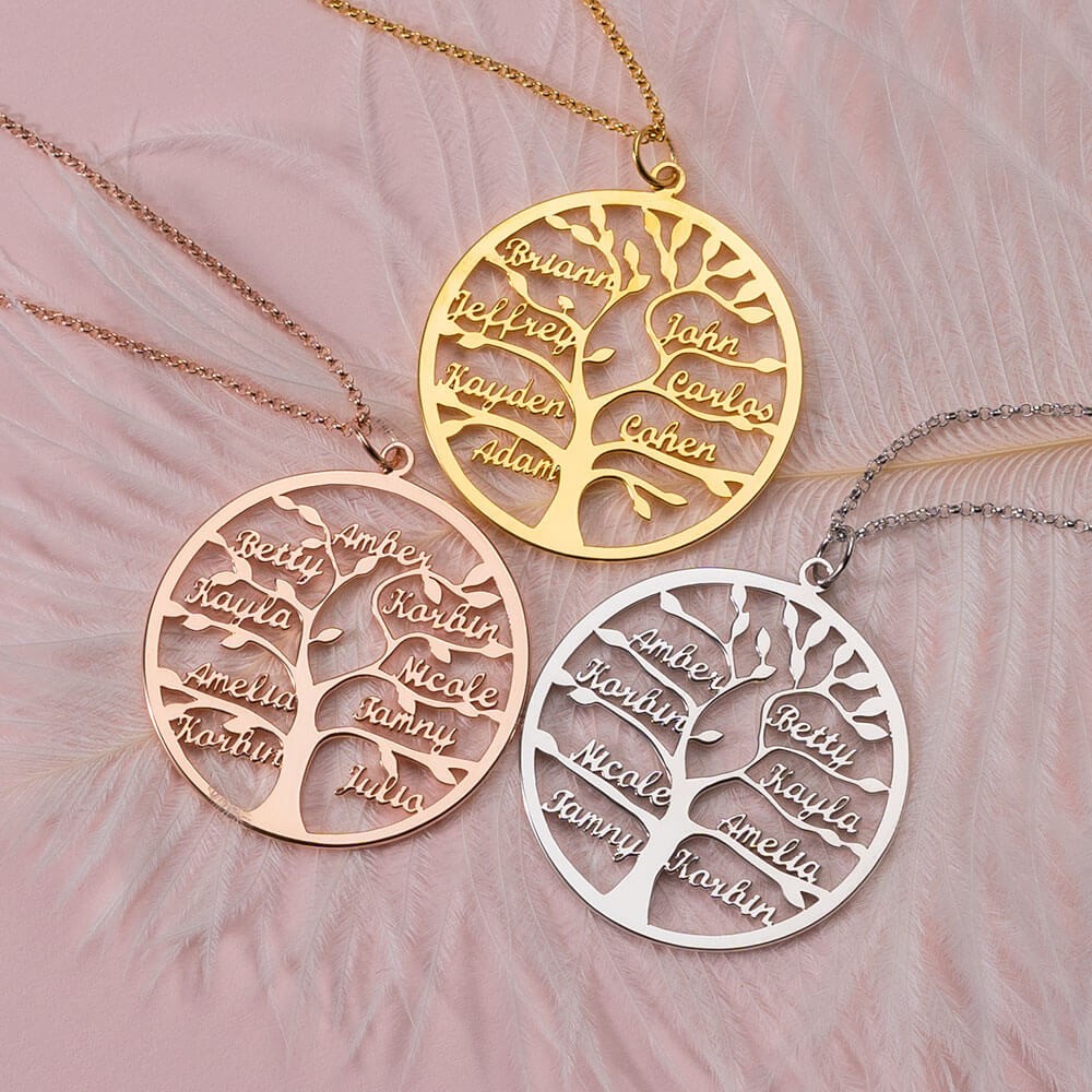 Personalised Family Tree Name Engraved Necklaces With 1-9 Names Gifts