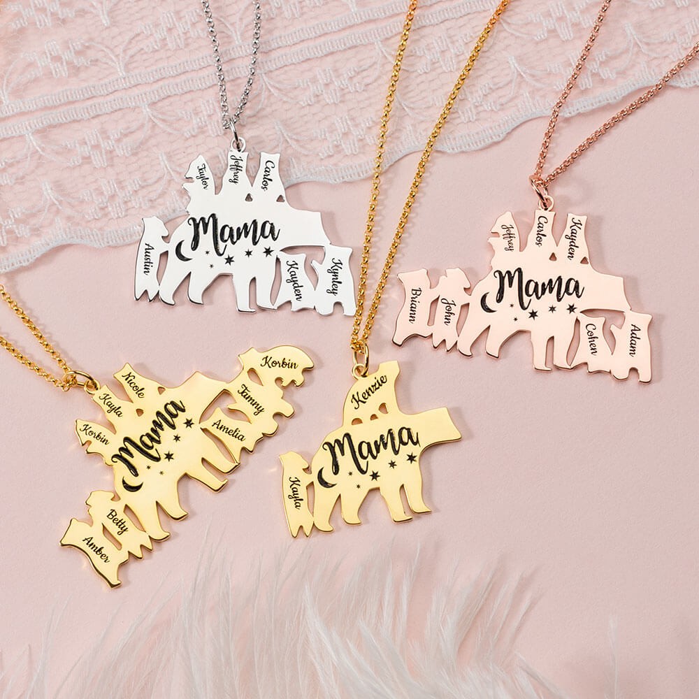 Personalised Mama Bear Necklace 1-8 Names For Mother's Day Gifts