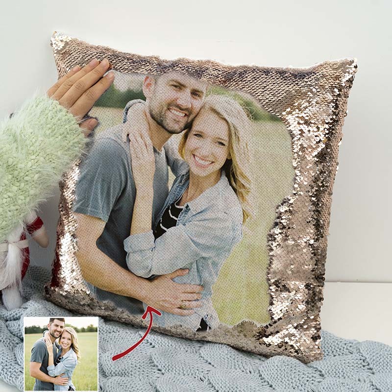 Personalised Rose Gold Sequin Photo Pillow For Couples Valentine's Day