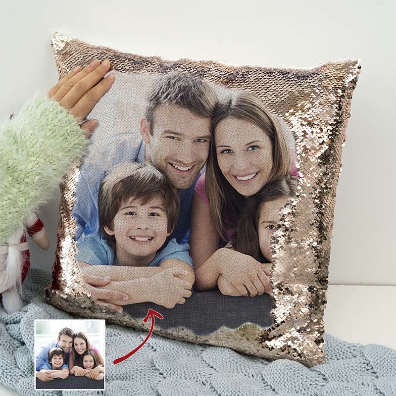 Personalised Rose Gold Sequin Photo Pillow For Family