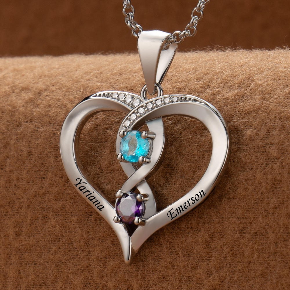 Personalised Couple Names Heart Necklace With Birthstones Valentine's Day Gifts