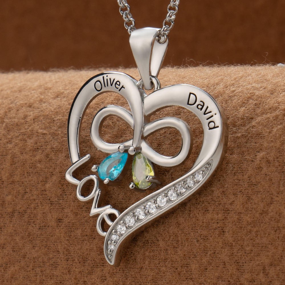 Personalised Couple Names Heart Necklace With Birthstones Valentine's Day Gifts