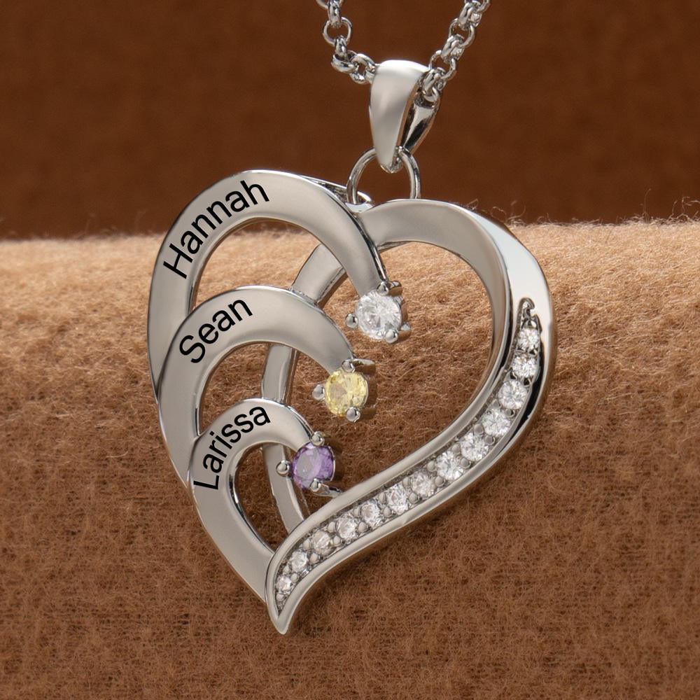 Personalised Name Heart Necklace With Birthstone For Mother's Day Birthday Gift Ideas