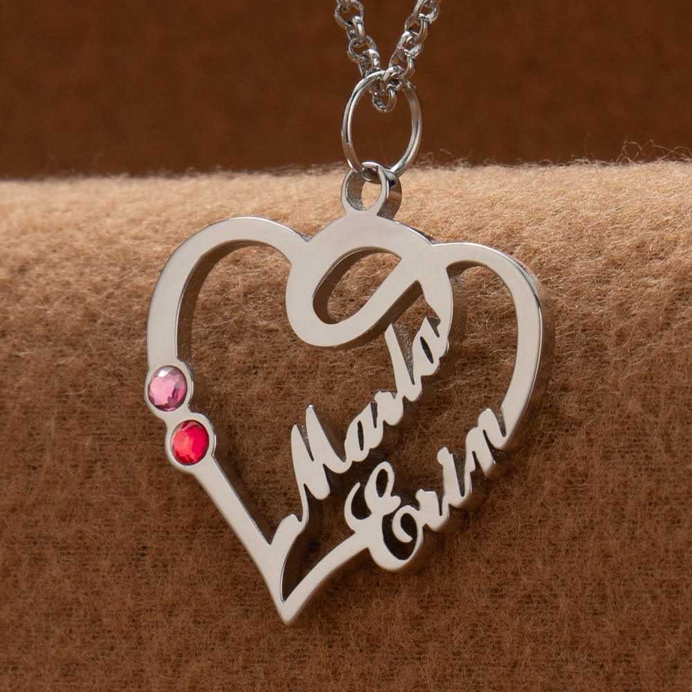 Personalised Couple Names Heart Necklace With Birthstones Valentine's Day Gifts