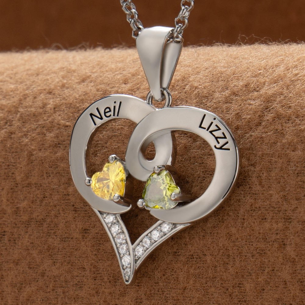 Personalised Couple Names Heart Necklace With Birthstones Valentine's Day Gifts