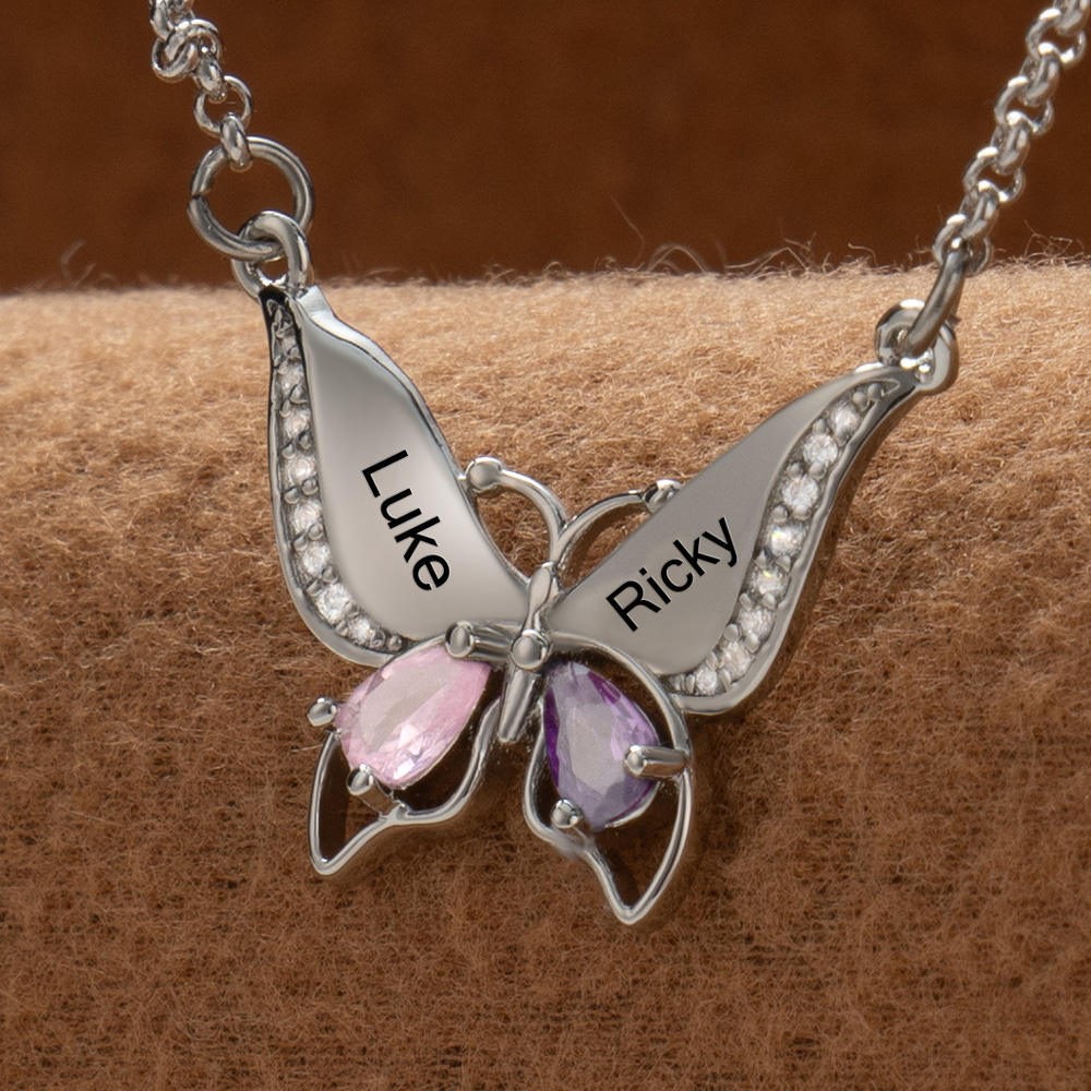 Personalised Couple Names Butterfly Necklace With Birthstones Valentine's Day Gifts