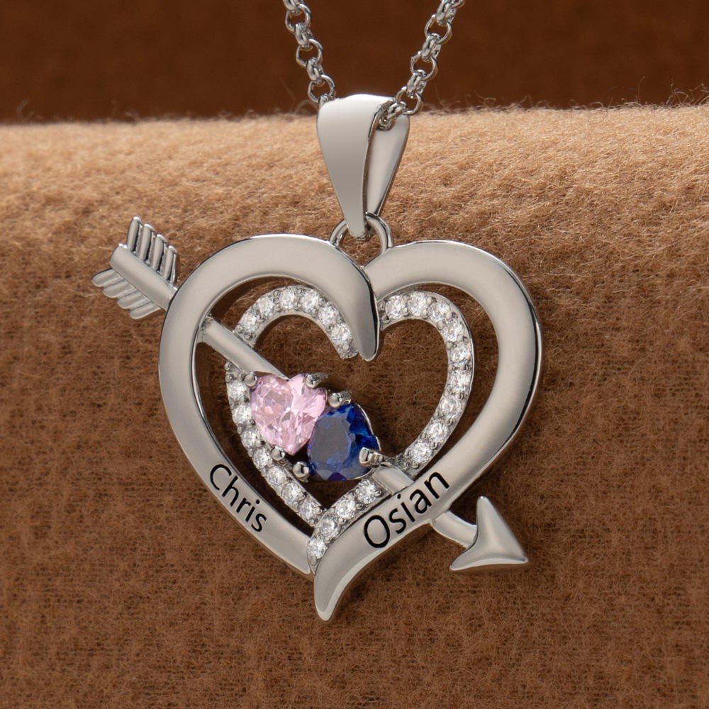 Personalised Couple Names Heart Necklace With Birthstones Valentine's Day Gifts