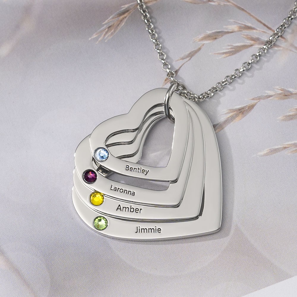 Personalised 1-6 Heart Name Necklace With Birthstone Family Christmas Gift