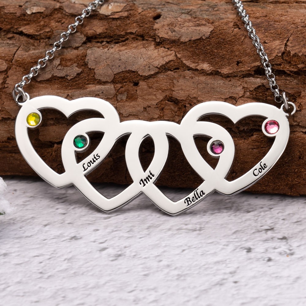 Personalised Intertwined Heart Necklace With 1-5 Name Engraved and Birthstone