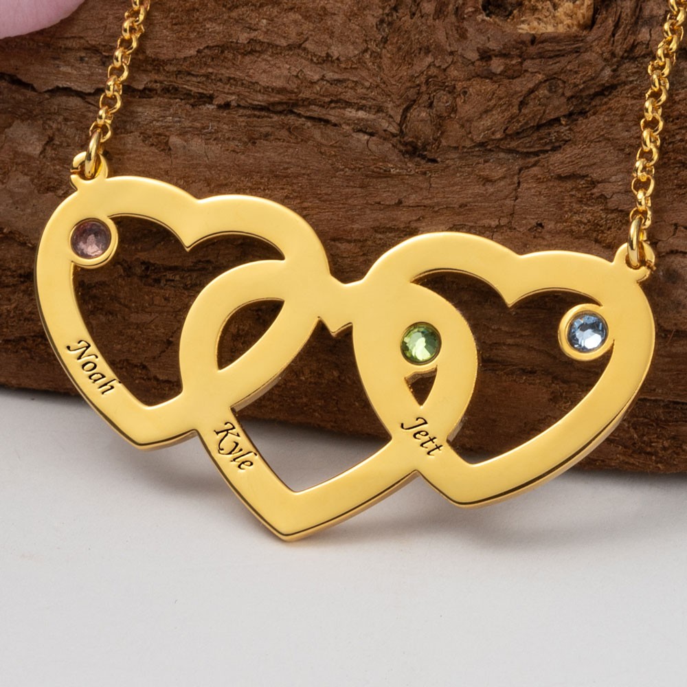 Personalised Intertwined Heart Necklace With 1-5 Name Engraved and Birthstone For Mum Grandma