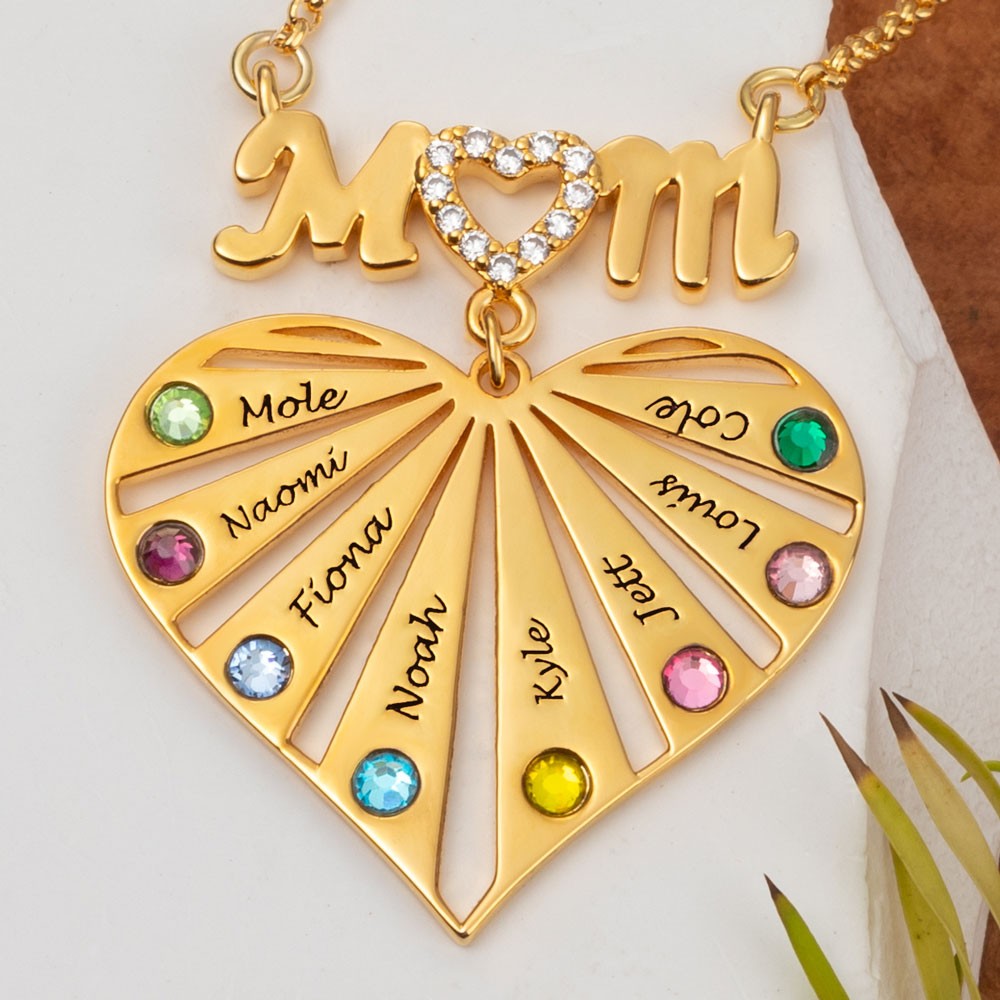 Custom Mum Heart Necklace With Kids Name and Birthstone For Mother's Day Christmas Birthday