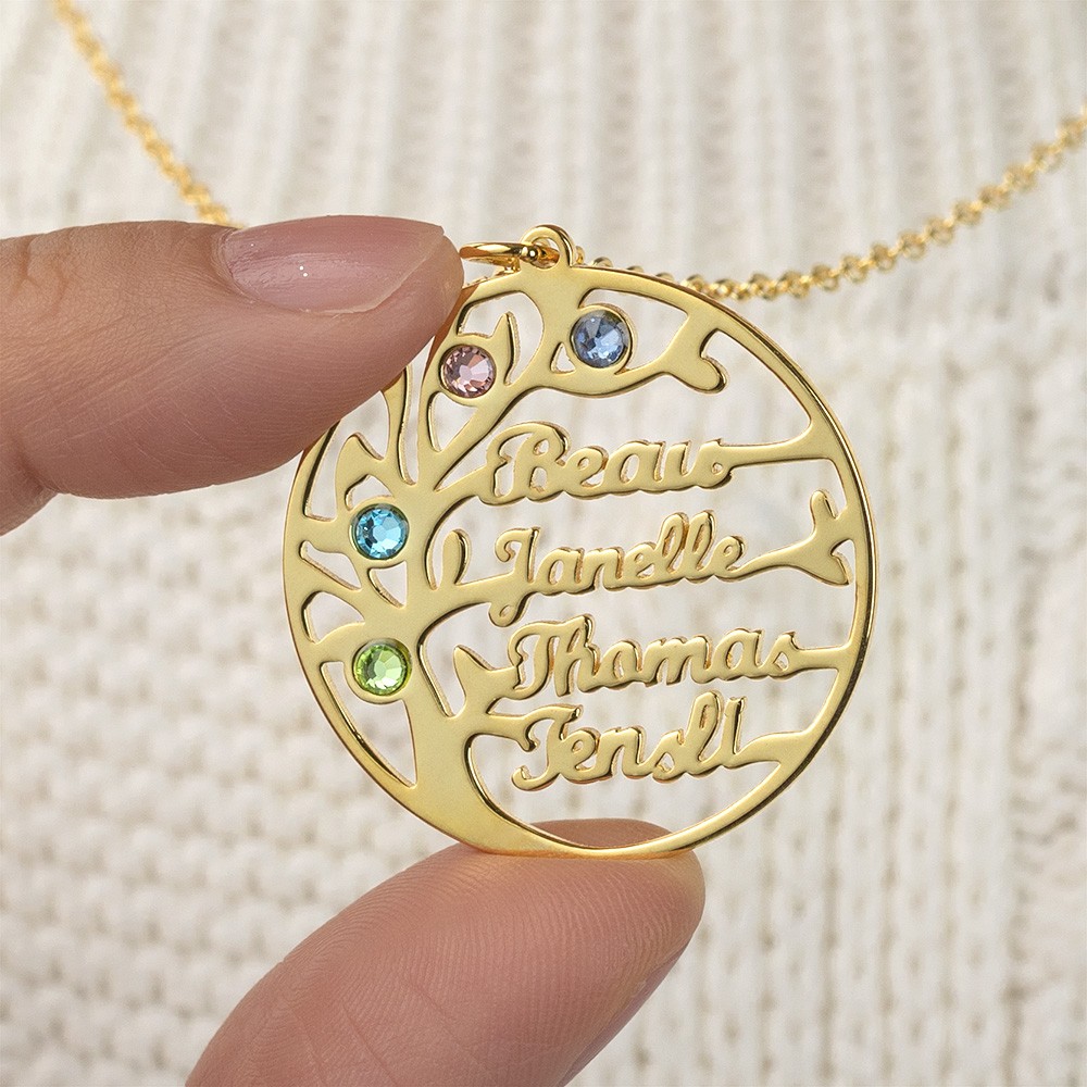 Personalised Tree-Design Family Tree Name Necklace With Birthstone