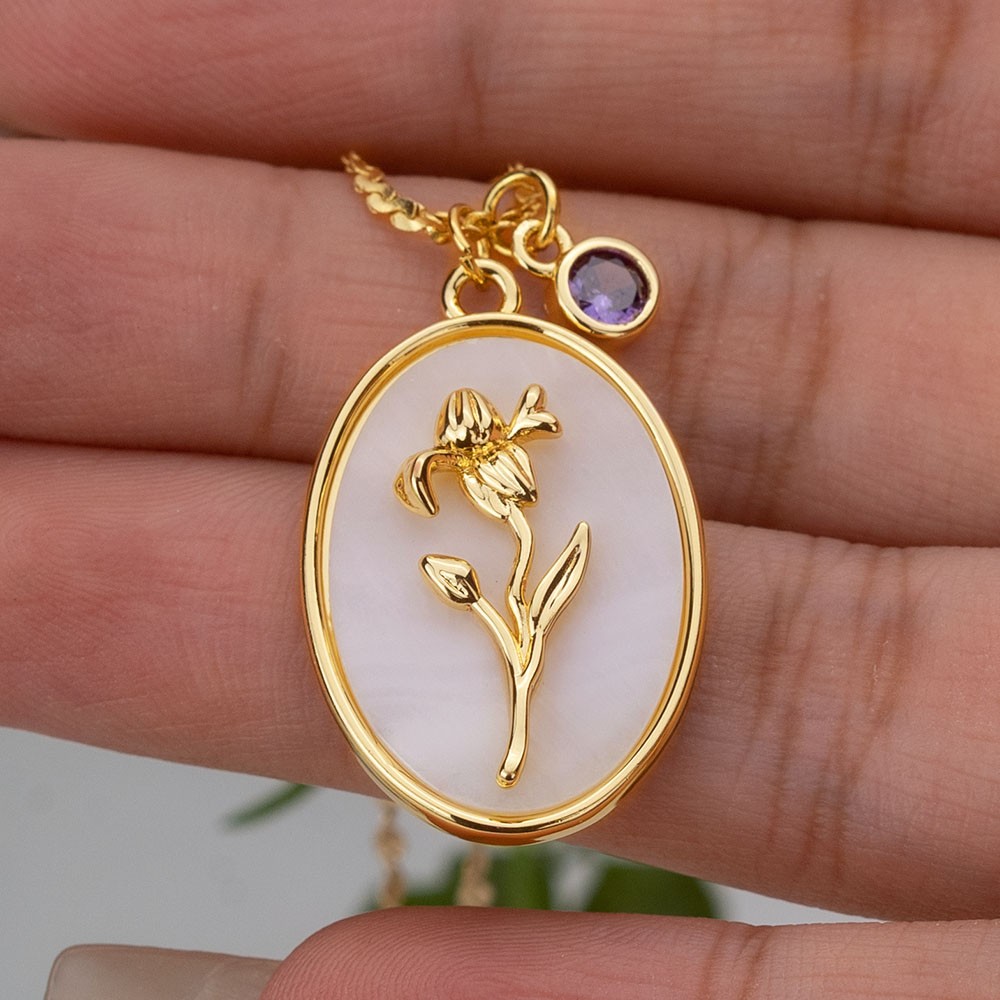 Personalized Dainty Birth Month Flower Mother Shell Gold Necklace With Birthstone For Mom