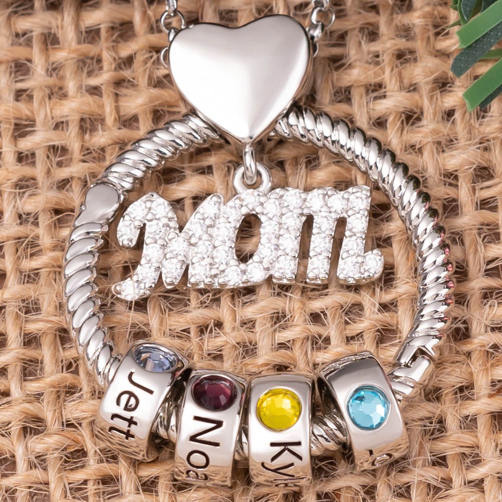 Personalised Circle Pendant Mum Necklace with Engraved Name and Birthstone Beads For Christmas Mother's Day