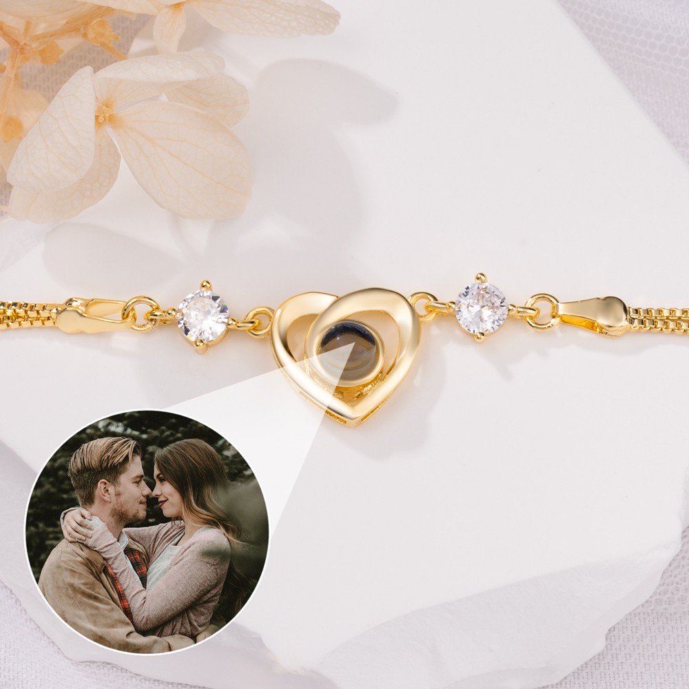 Custom Photo Projection Heart Charm Bracelet For Couple Soulmate Valentine's Day Gift Ideas