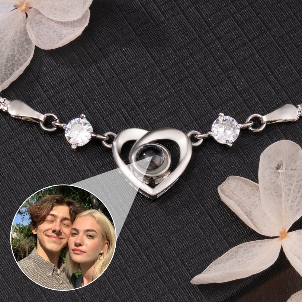 Custom Photo Projection Heart Charm Bracelet For Couple Soulmate Valentine's Day Gift Ideas