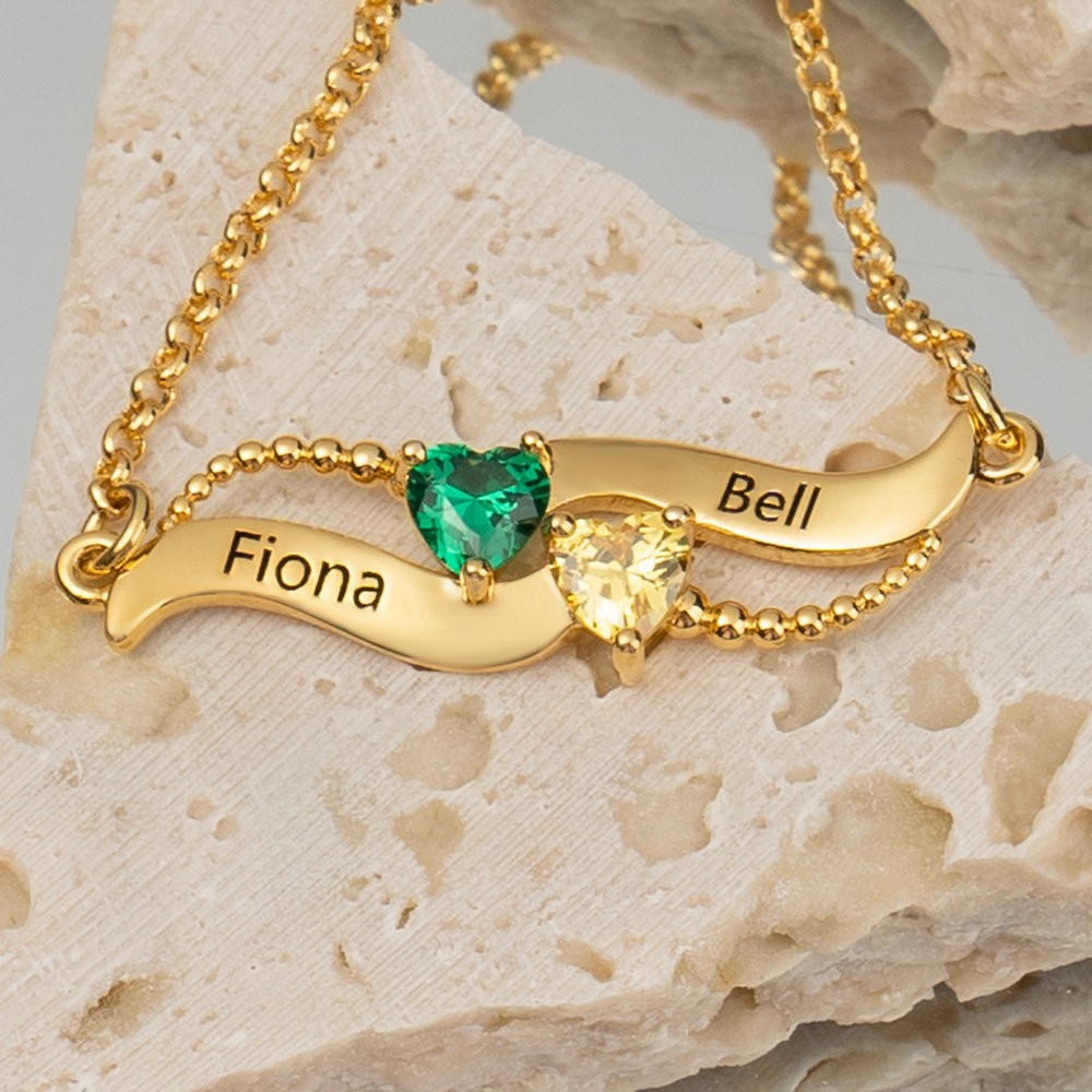 Personalised 2 Names Birthstone Necklaces For Soulmate Girlfriend Valentine's Day Anniversary Gifts