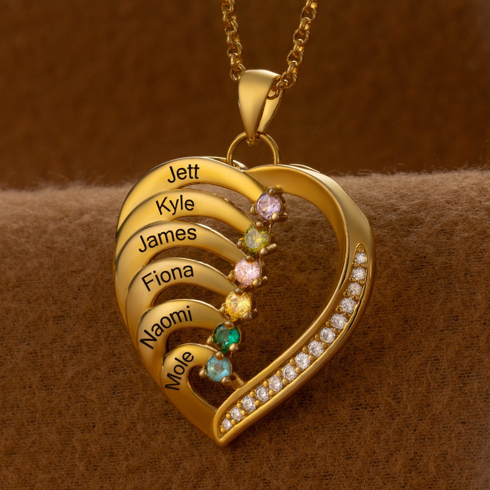 Personalised Heart Necklace With 6 Names and Birthstone For Mother's Day Birthday Gift Ideas