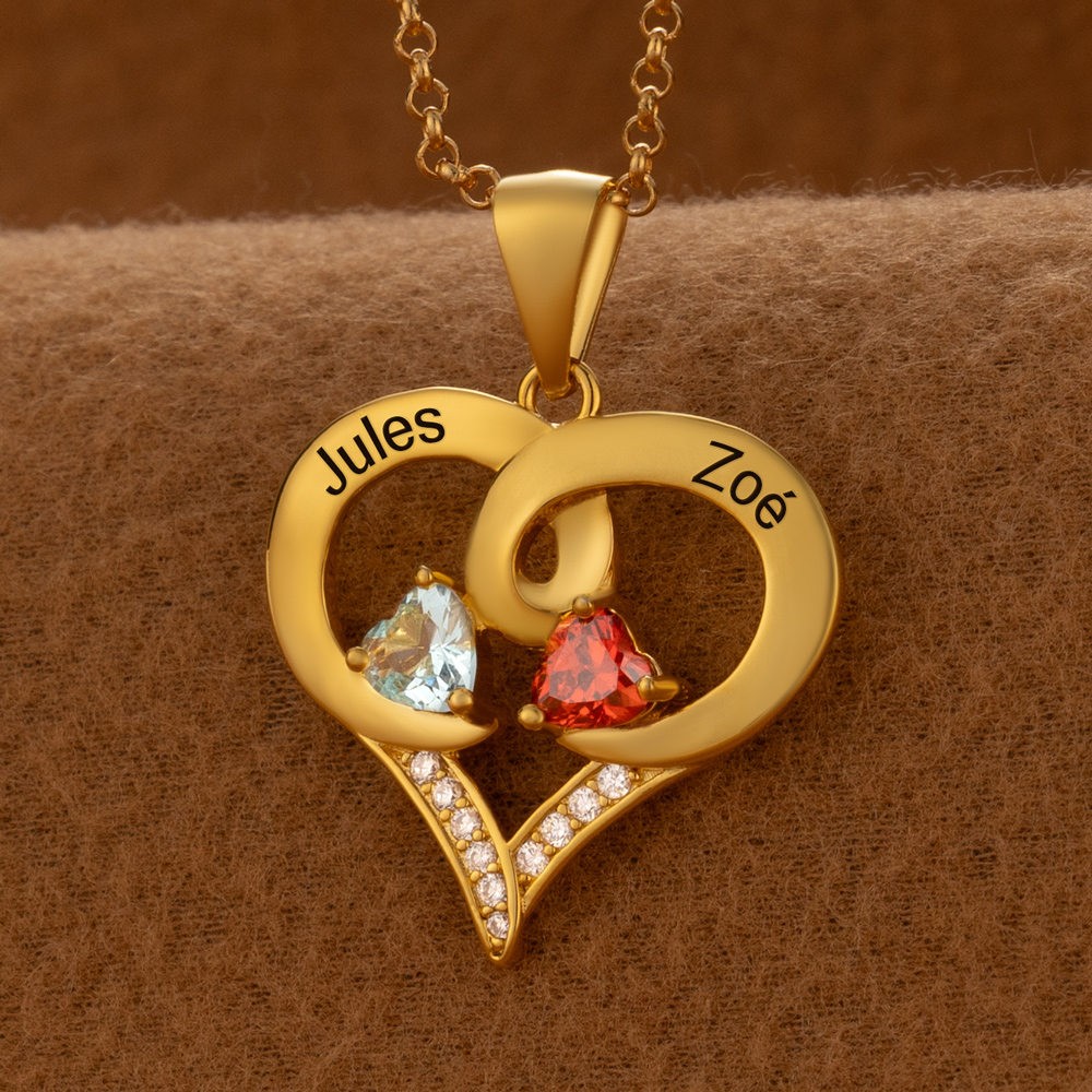 Personalised Couple Names Heart Necklace With Birthstones Valentine's Day Gifts