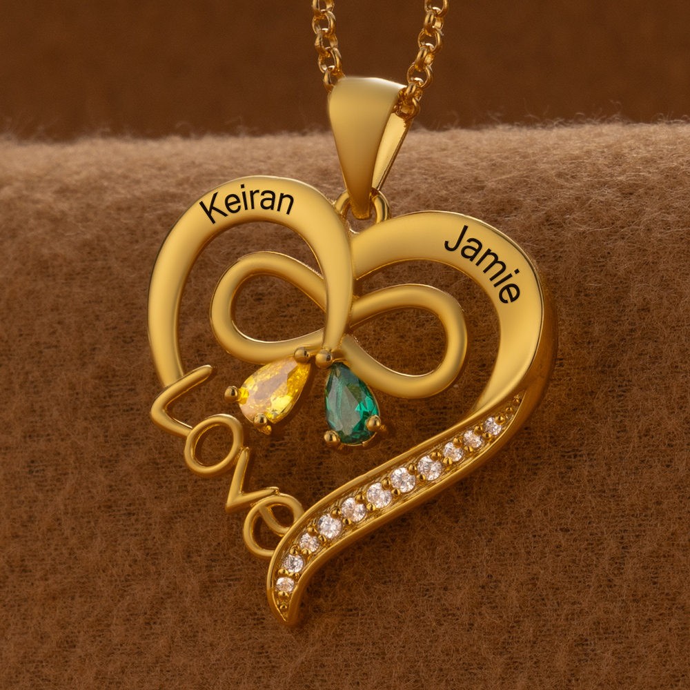 Personalised Couple Names Heart Necklace With Birthstones Valentine's Day Gifts