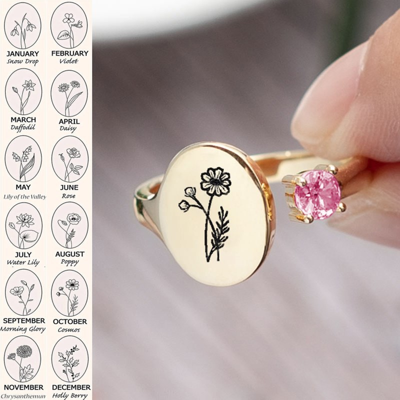 Personalised Birth Flower Ring With Birthstone October Cosmos