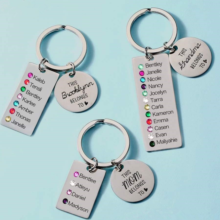 Personalised This Grandma Mum Grandpa Belongs to 1-15 Children Names with Birthstones Keychains