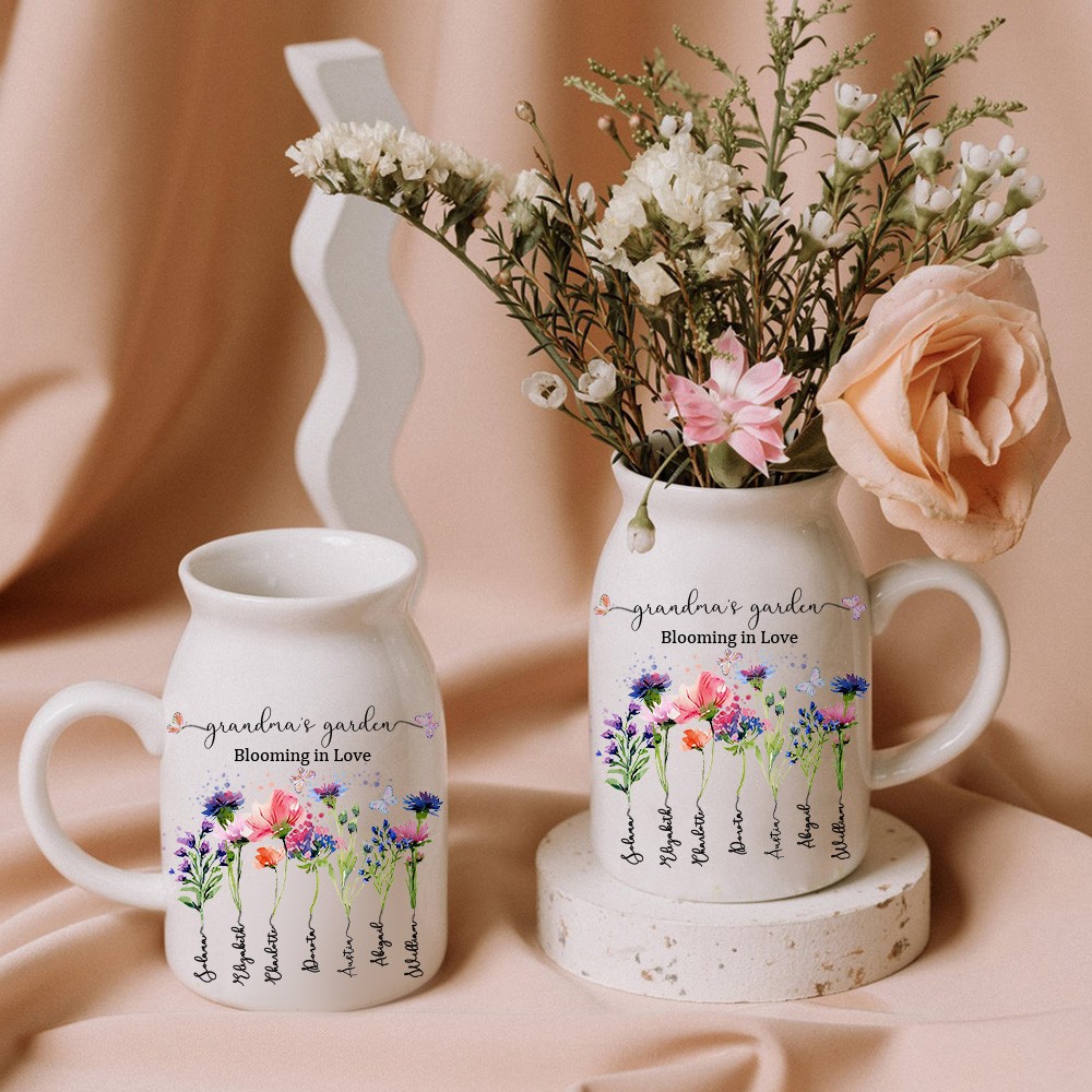 Custom Grandma's Garden Vase With Grandkids Name and Birth Flower For Mother's Day