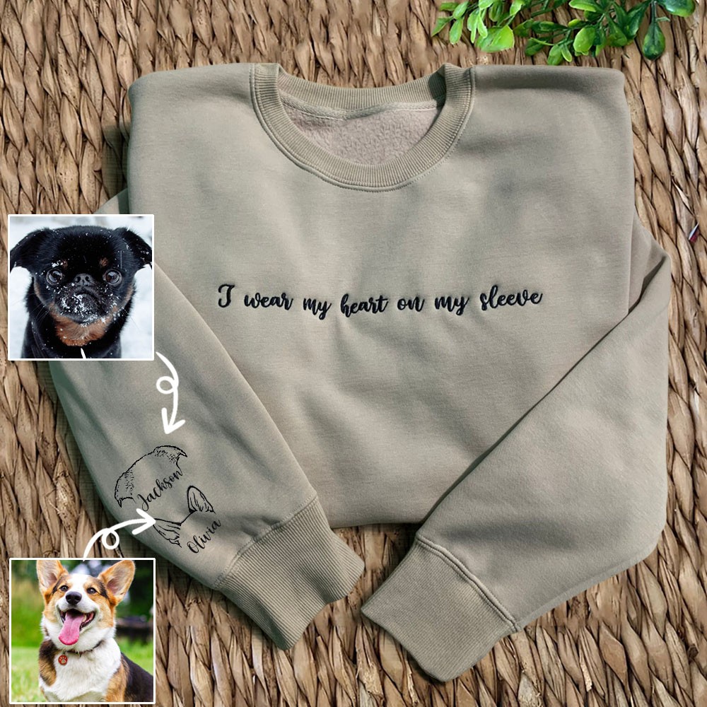 Custom I Wear My Heart On My Sleeve Embroidered Dog and Cat Ear Outline Gray Crewneck For Pet Lover