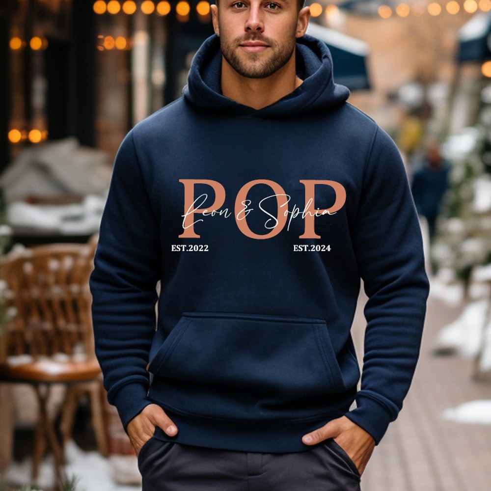 Personalised POP Hoodie Sweatshirt with Custom Names and Est Date For POP Grandad Dad Father's Day Gifts