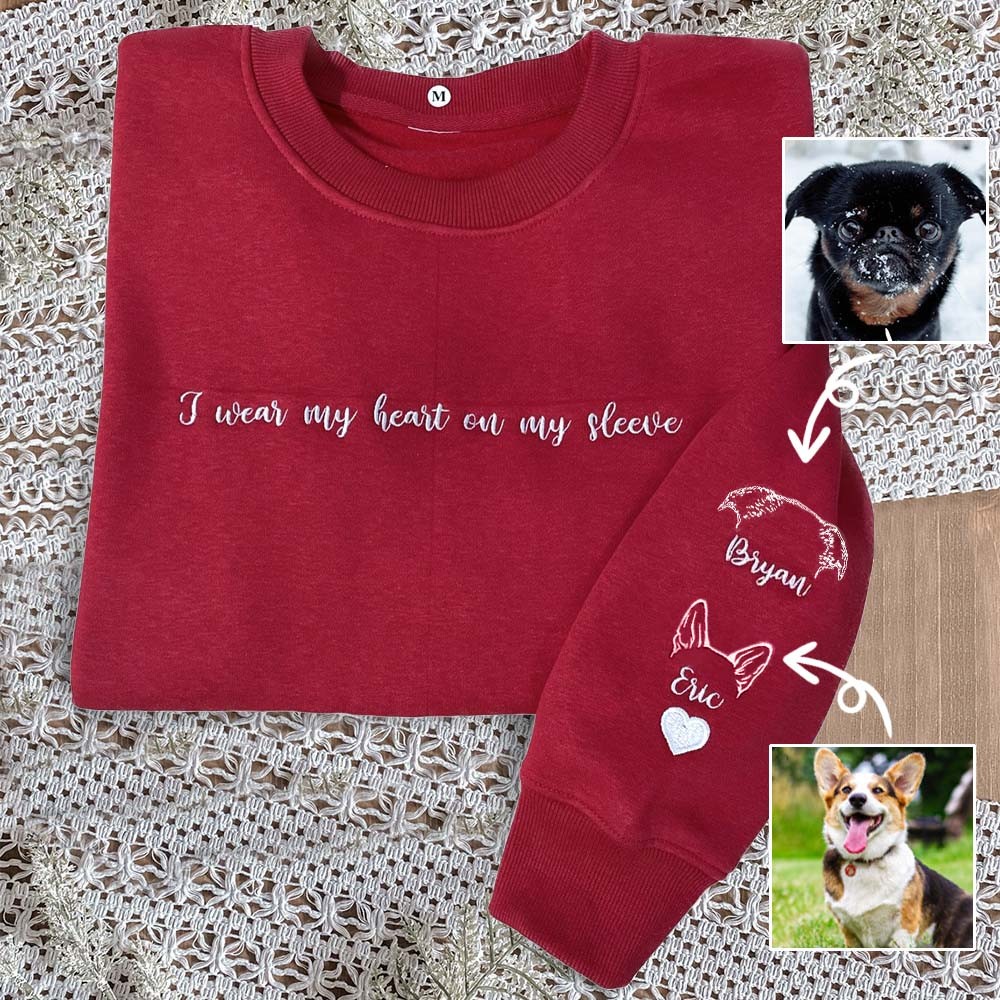 Custom I Wear My Heart On My Sleeve Embroidered Dog and Cat Ear Outline Crewneck For Pet Lover