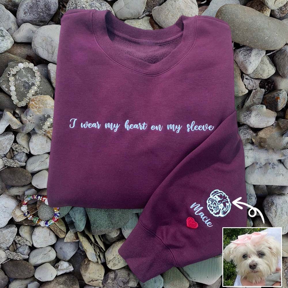 Custom I Wear My Heart On My Sleeve Embroidered Pet Portrait Sweatshirt Hoodie