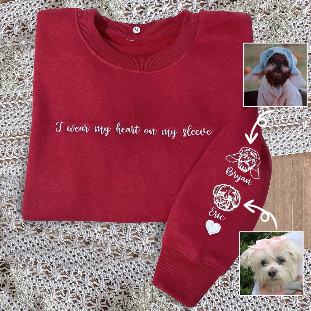 Custom I Wear My Heart On My Sleeve Embroidered Pet Portrait Sweatshirt Hoodie