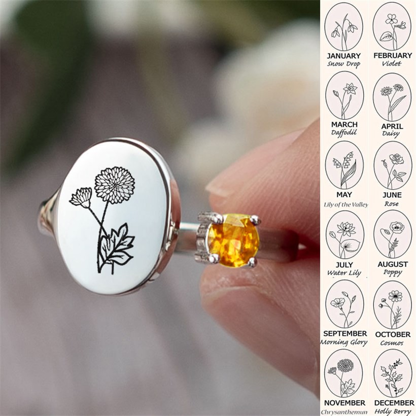 Personalized Birth Flower Ring With Birthstone November Chrysanthemum