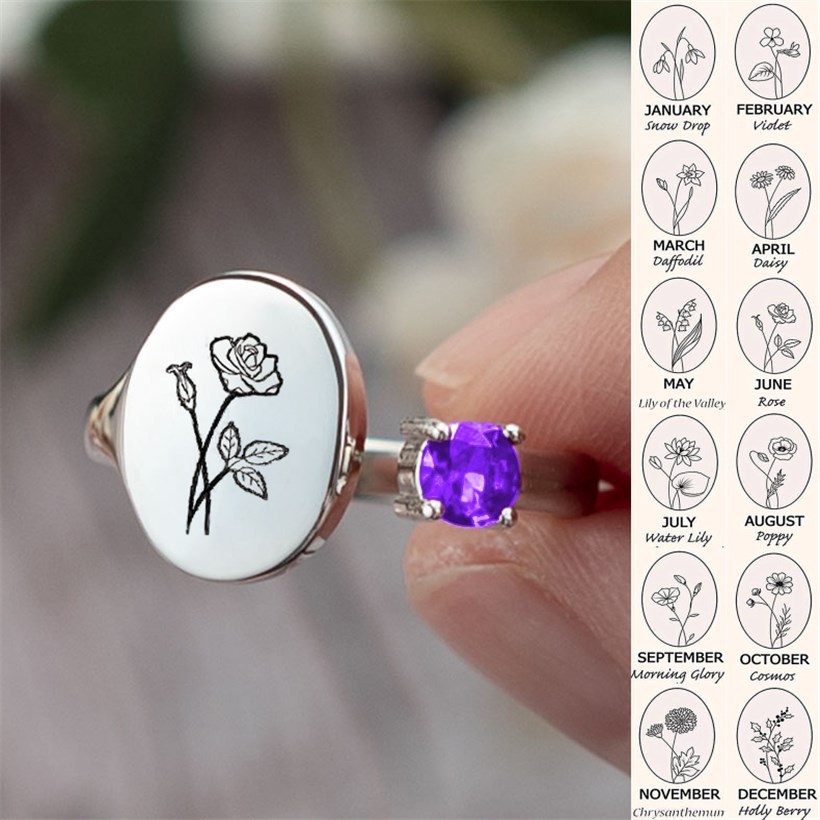 Personalized Birth Flower Ring With Birthstone June Rose