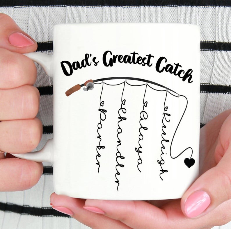 Personalised Coffee Mug Dad's Greatest Catch Fishing Gift With Kids Personalised Name