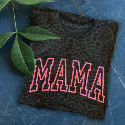 Custom Embroidered Leopard Mama Shirt For Mother's Day Gift