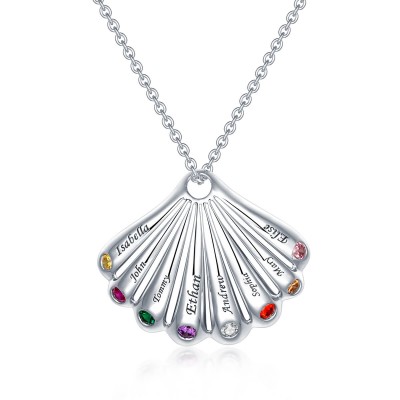 Siver Personalized Shell Shape Pendant Names Necklace With 1-9 Birthstones and Engravings