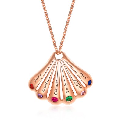 18K Rose Gold Plating Personalized Shell Shape Pendant Names Necklace With 1-9 Birthstones and Engravings