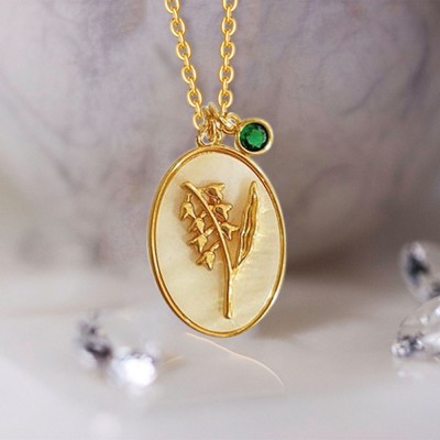 Personalized Dainty Birth Month Flower Mother Shell Gold Necklace With Birthstone For Mom