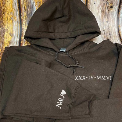 Custom Embroidered Roman Numeral Sweatshirt Hoodie With Initial On Sleeve For Couple Valentine's Day Anniversary