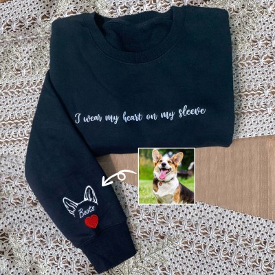 Custom I Wear My Heart On My Sleeve Embroidered Dog and Cat Ear Outline Crewneck For Pet Lover