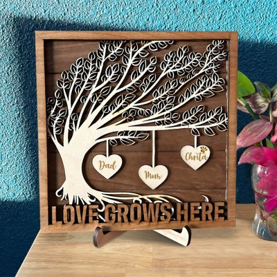 Custom Wooden Family Tree Sign With Name Engraved Home Decor For Mother's Day Christmas Love Grows Here