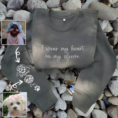 Custom I Wear My Heart On My Sleeve Embroidered Pet Portrait Dark Gray Crewneck For Pet Lover