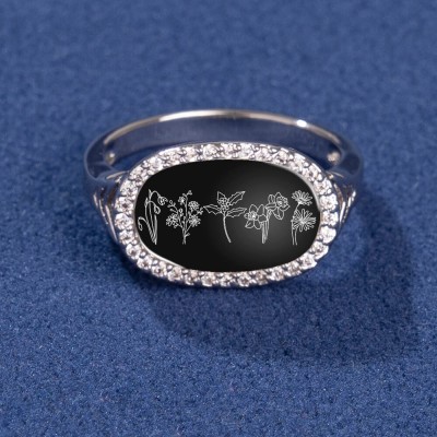 Personalized Birth Month Flower Ring Black Agate For Family Mom