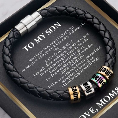 Custom To my Son Beads Black Bracelet With Name Engraved From Dad