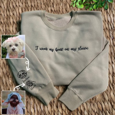 Custom I Wear My Heart On My Sleeve Embroidered Pet Portrait Gray Crewneck For Pet Lover