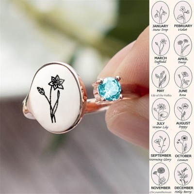 Personalized Birth Flower Ring With Birthstone March Daffodil