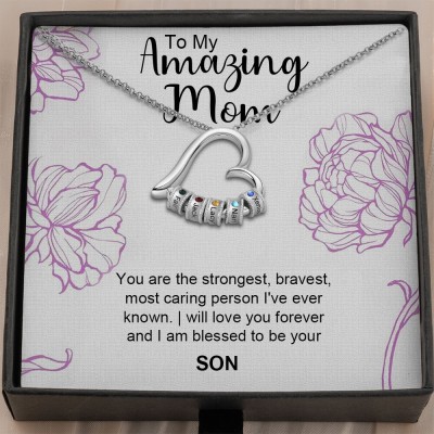 To My Mom Personalized Heart Necklace with Engraved Name Beads For Mother's Day