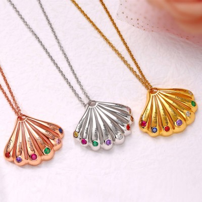 18K Rose Gold Plating Personalized Shell Shape Pendant Names Necklace With 1-9 Birthstones and Engravings